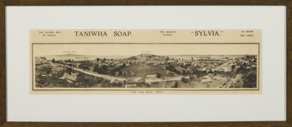 An Extremely Rare Original NZ Taniwha Soap Illustrated Crate Label Featuring A Panorama Of Devonport c.1900