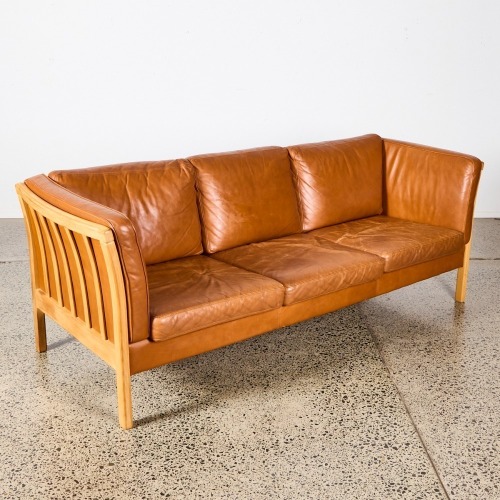 A Beech Sofa By Stouby Mobelfabrik With Tan Leather Denmark