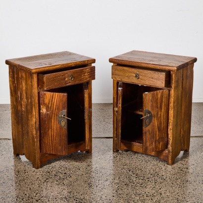 A Pair Of Oriental Style Bedside Cabinets Made From Solid Elm Wood