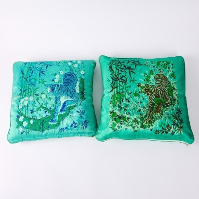 A Pair Of Vintage Silk Tiger Cushions