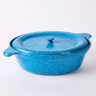 A Radiation Speckled Cast Iron Casserole Dish