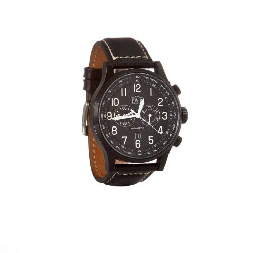 A Gentleman's Aviator chronograph wristwatch, circa 2010. Davis. Quartz. Ref:1292. Black dial with painted luminous Arabic numerals and date aperture. Screw down crown. Case, dial and movement signed. Original black leather strap. Box and card.