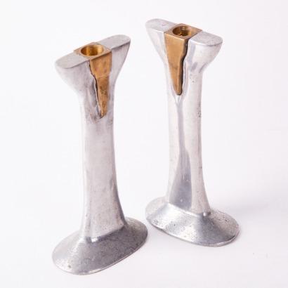 A Pair of David Marshall Style Aluminum and Brass Candle Holders