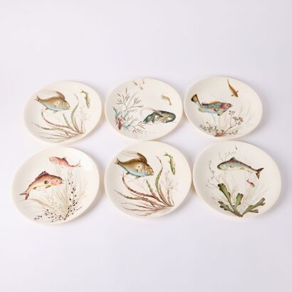 A Set of Six Johnson Bros Fish Design Plates and Plater