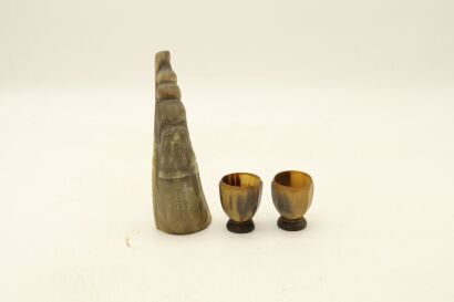 Two Chinese Ox Horn Cups and A Horn Carved 'Shoulao' Ornament