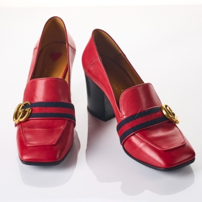 Gucci, GG Marmont Sherry Line Red Heeled Loafers, Size 37.5