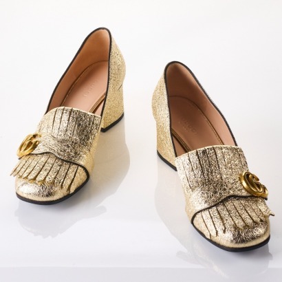 Gucci, GG Marmont Metallic Gold Leather Heeled Loafers, Size 37