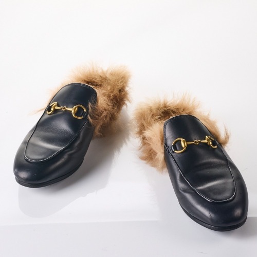 Gucci, Black Leather Wool Princetown Slides, Size 38