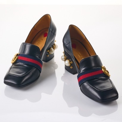 Gucci, Black Leather Faux Pearl Embellised Heeled Loafers, Size 37 with Box