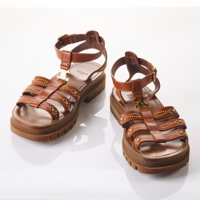 Celine, Clea Triomphe Tan Gladiator Sandals, Size 38 - New