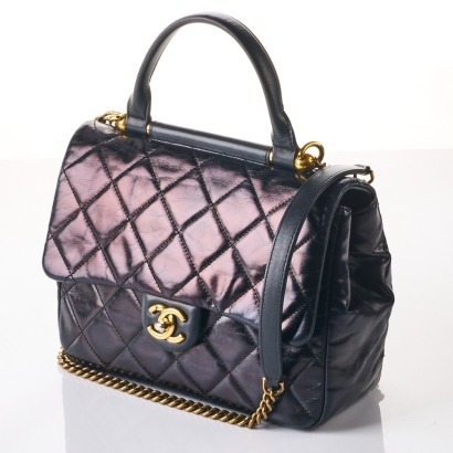 Chanel Black Glazed Calfskin Medium Gold Bar Top Handle Bag