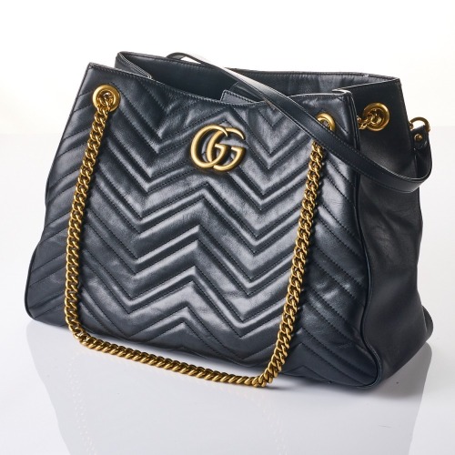 Gucci, Black Matelass&eacute; Leather Medium GG Marmont Tote Bag