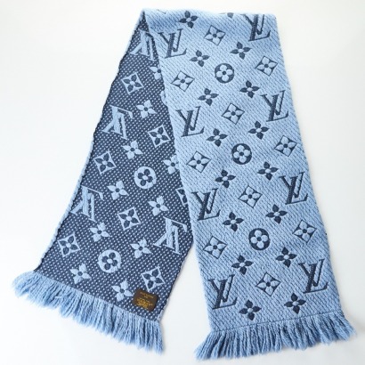 Louis Vuittion, Monogram Logomania Light Blue 94% Wool / 6% Silk Knit Scarf