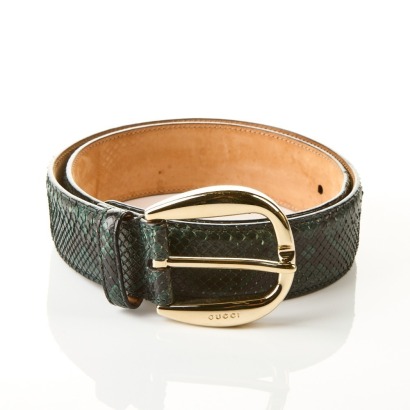 Gucci, Snakeskin Green Leather Belt, Size 85/34