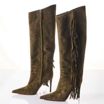 Alexandre Vauthier, Khaki Green Suede Knee High Boots, Size 38 with Box