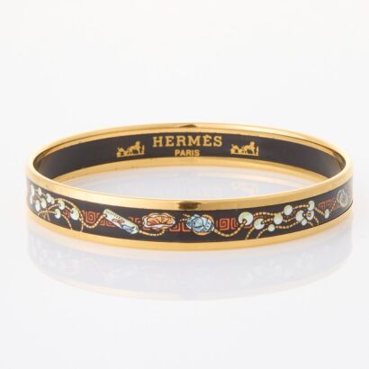 Hermès Slim Black/Gold Enamel Bangle