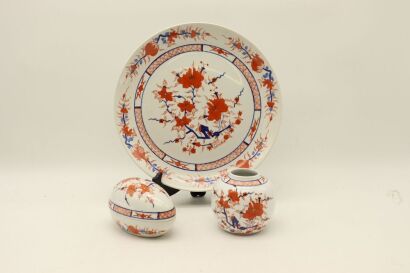 A Group of Three Chinese Blue and White and Iron-Red 'Pomegranates' Plate, Box and Jar