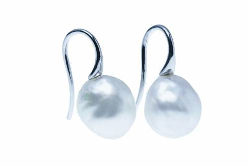 A pair of South Sea pearl earrings, Autore, each set with 12mm baroque pearls. 18ct white gold. Hook attachments.