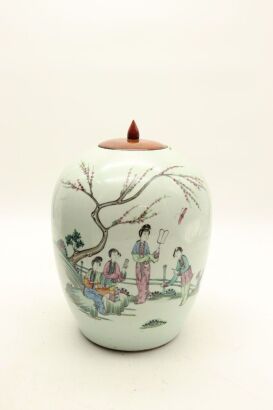 A Chinese Early-20th Century Famille-rose 'Lady Figural' Lidded Jar