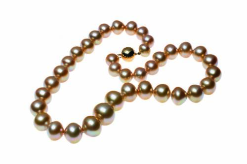 A golden South Sea pearl necklace, the thirty-seven graduated, off-round button pearls measuring 10 - 16mm, hung with a plain polished 18ct yellow gold ball clasp. Length 45cm.