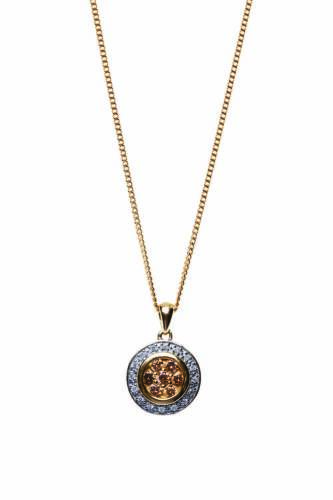 A champagne diamond pendant on chain, the central panel of the circular two tone pendant set with seven round brilliant cut champagne diamonds and surrounded by a line of white diamonds, hung on a fine curblink chain. 9ct yellow gold. Weight 3 grams. Pend