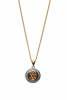 A champagne diamond pendant on chain, the central panel of the circular two tone pendant set with seven round brilliant cut champagne diamonds and surrounded by a line of white diamonds, hung on a fine curblink chain. 9ct yellow gold. Weight 3 grams. Pend