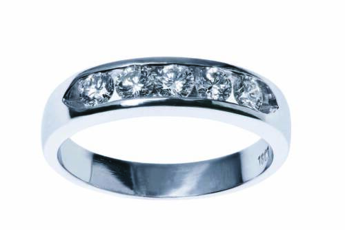 A diamond eternity ring, channel set with five modern round brilliant cut diamonds of estimated weight 0.50 carat. 18ct white gold. Weight 4.4 grams. Size M.