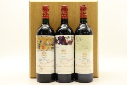 (1) 1991 - 1993 Chateau Mouton-Rothschild Vertical Collection With Gift Set, Pauillac, 3 Bottles Sold as One Lot