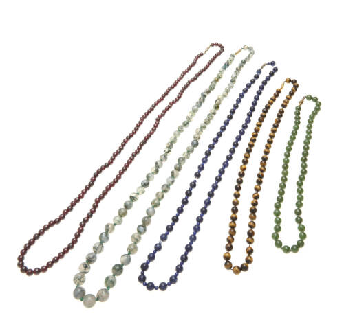 Five bead necklaces, tiger eye, dendritic agate, jade, garnet and sodalite.