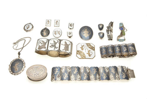 A collection of Siam silver jewellery, including three wide bracelets, pendant, brooch and earring, etc.