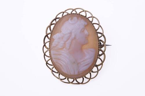 An antique cameo brooch, the oval helmet shell cameo with carved female profile. 9ct yellow gold. Weight 4.11 grams. Length 30mm. Makers mark H & N.