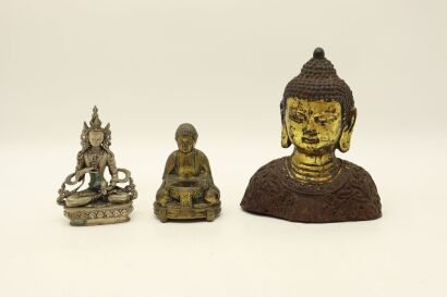 One Chinese Iron Cast Buddha Statue and Two Bronze Buddha Statues