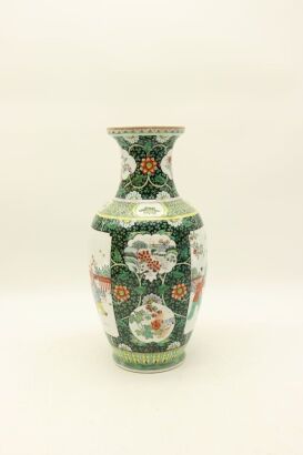A Chinese 20th century Black-ground Wucai 'Courtyard and Figural' Mallet Vase
