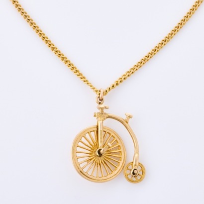 9ct Yellow Gold, Vintage, Penny Farthing Bicycle Pendant, on 55cm Gold Plated Chain