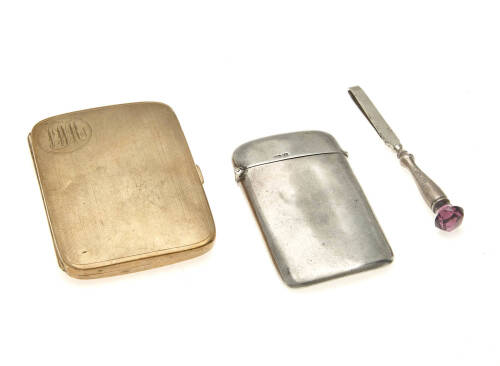 A gold cigarette case. 9ct yellow gold. Weight &nbsp;67.24 grams. To be sold with a sterling silver card case and a pair of silver tweezers.