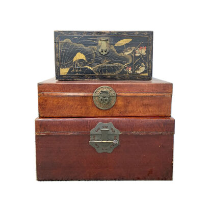 A Chinese Black Paint Box & Two Red Leather Coated Storage Boxes