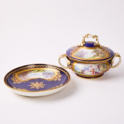 A 18th-19th Century Hand-painted Sevres Lidded Dish and Plate