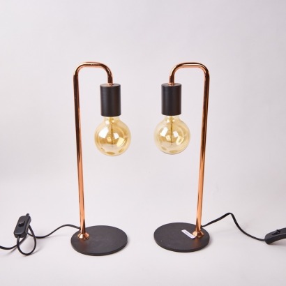 A Pair Of Minimal Modern Bedside Lamps In Copper & Black