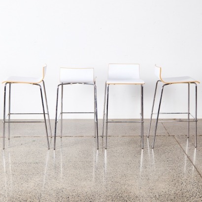 A Set of Four Minimal White Formed Plywood Barstools