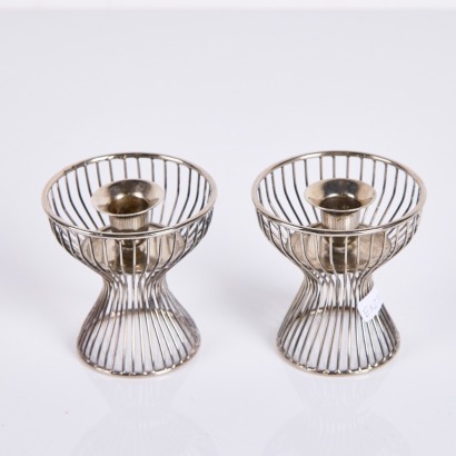 A Pair of Mid-Century Modern Silver Metal Candleholders