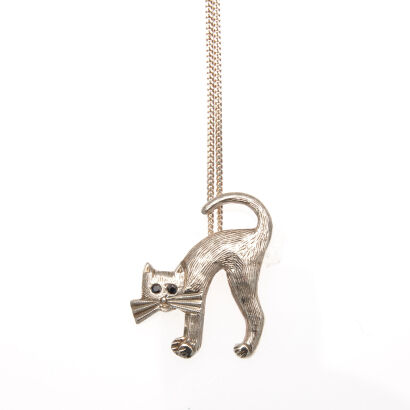 Silver Cat Pendant with Sapphire Eyes