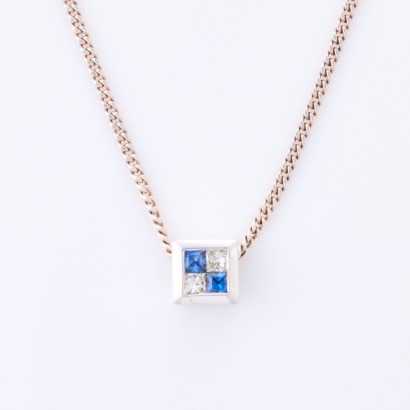 9ct White Gold, .04ct Sapphire / .04ct Diamond Square Slider Pendant on 45cm Sterling Silver Chain