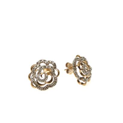 A pair of diamond earrings, of plain polished gold and diamond set scroll design. 9ct yellow and white gold. Weight 3.06 grams. Post and butterfly attachments.
