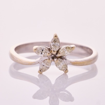 14ct White Gold, Modern, .20ct Marquise Cut Diamond Flower Ring