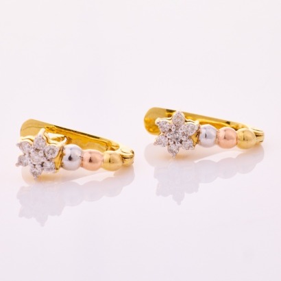 9ct Tri-colour Gold, .28ct Diamond Set Round Cluster Earrings