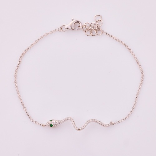 14ct White Gold, 17.5cm Modern, .02ct Tsavorite Garnet / .16ct Diamond Set Snake Bracelet