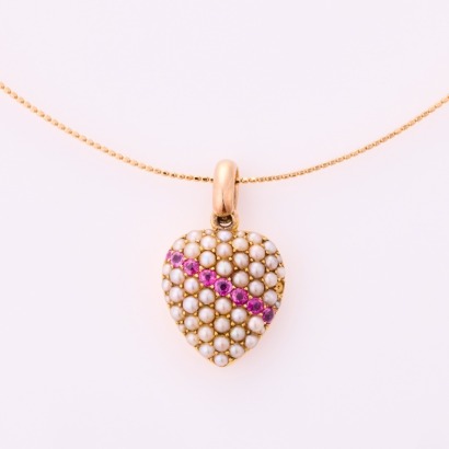 15ct Rose Gold, Victorian Mourning Heart Shaped Ruby / Seed Pearl Pendant on 41cm 18ct Yellow Gold Wire