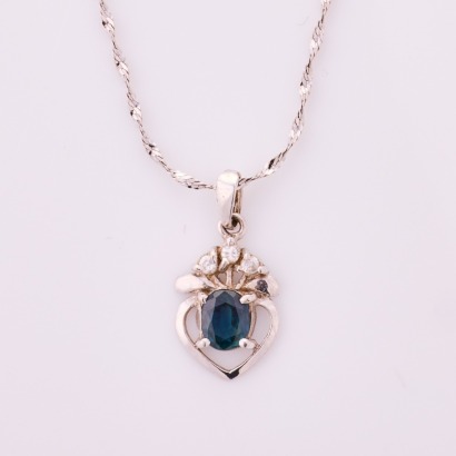 18ct / 9ct White Gold, Sapphire / Clear Stone Pendant on 45cm Necklace