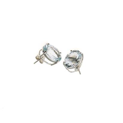 A pair of aquamarine stud earrings, the oval aquamarines of estimated total weight 8.92 carats. 18ct white gold. Weight 4.52 grams. Length 13mm. Post and butterfly attachments.