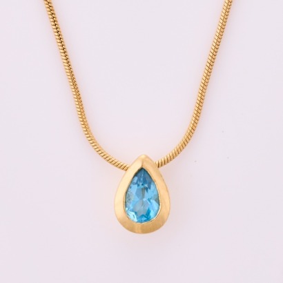 9ct Yellow Gold, Tear Drop Topaz Pendant on 41cm, 9ct Yellow Gold Snake Chain